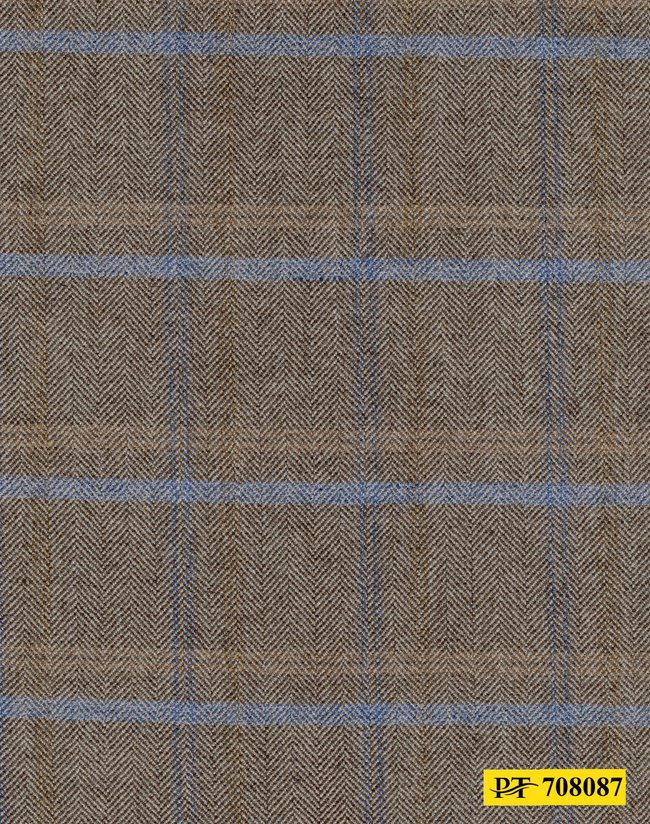 708087/P3-21979 Light Brown Herringbone With Blue Check Pants Fabric