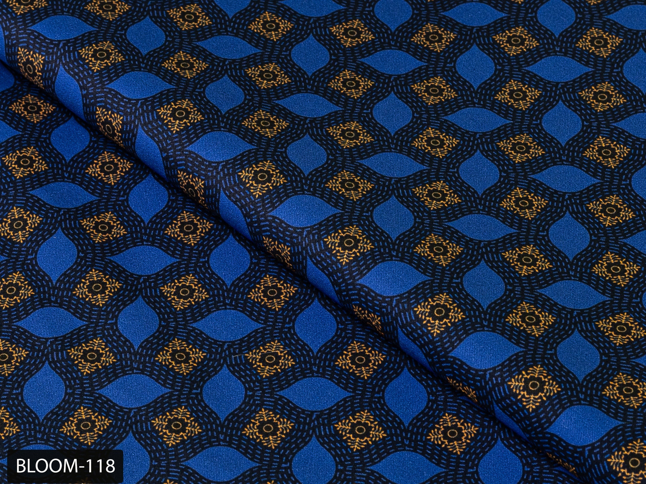 COLOR 118/BLOOM 118 Blue and Yellow Printed Fine Giza Cotton Shirting Fabric