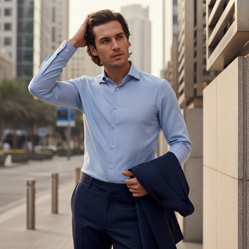 Blue and White Pinpoint Self Texture Shirt