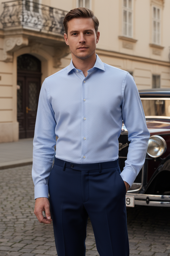 Light Blue and White Micro Houndstooth Shirt