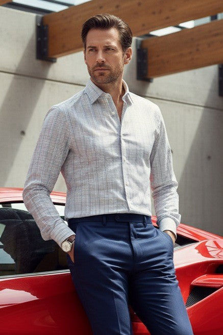 Brown and Blue Stripes in White Check Shirt