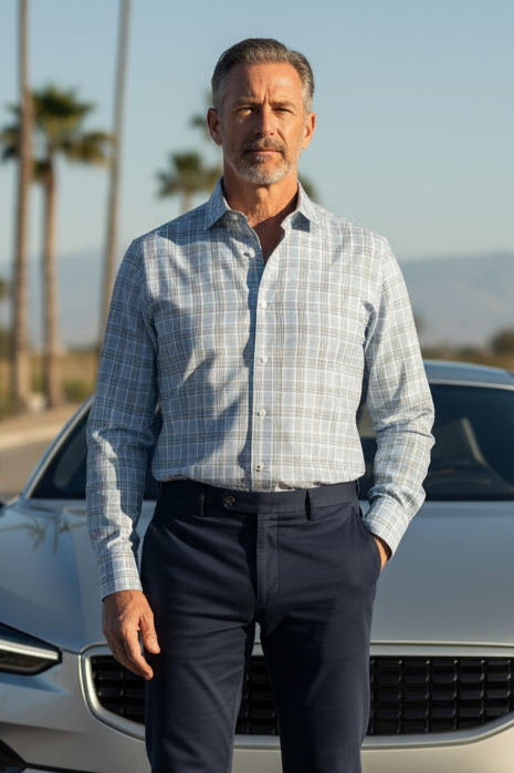 Blue Brown and White Plaid Shirt