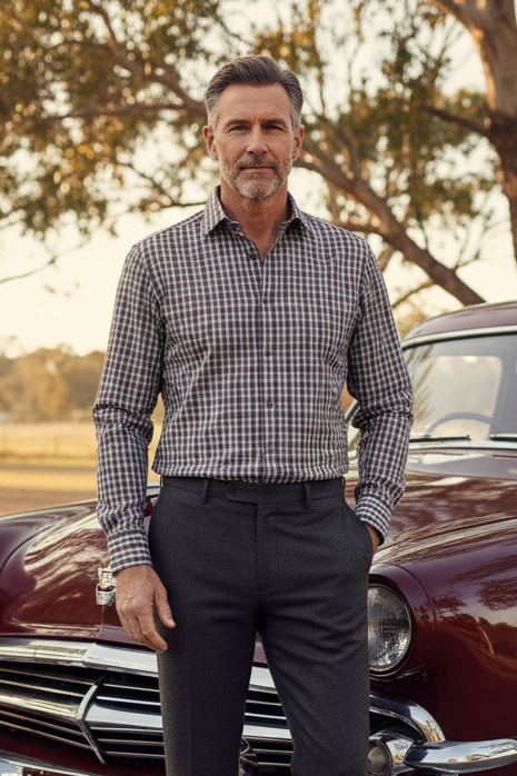 Brown, Navy and Grey Plaid Shirt
