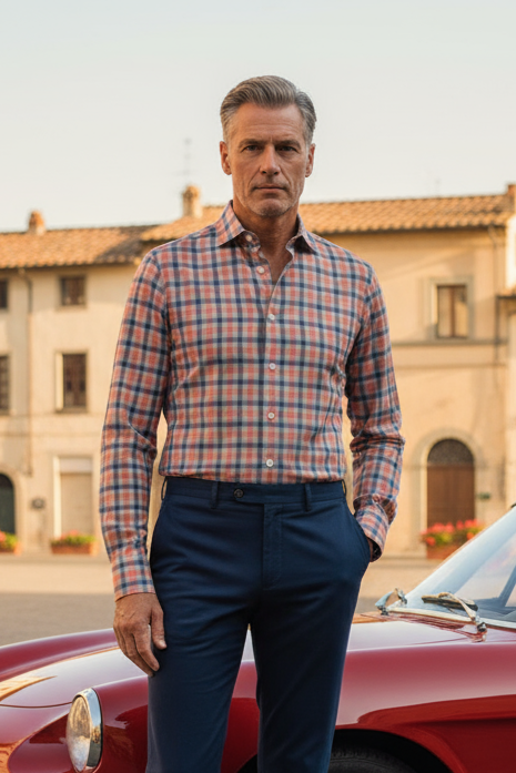 Blue, Orange and Grey Plaid Shirt