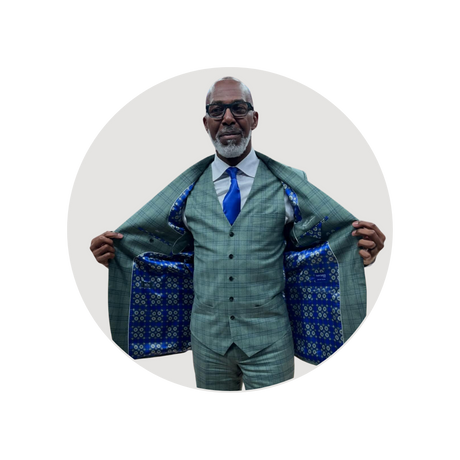 Former NBA player Thurl Bailey wearing a custom tailored suit by Sam Surin